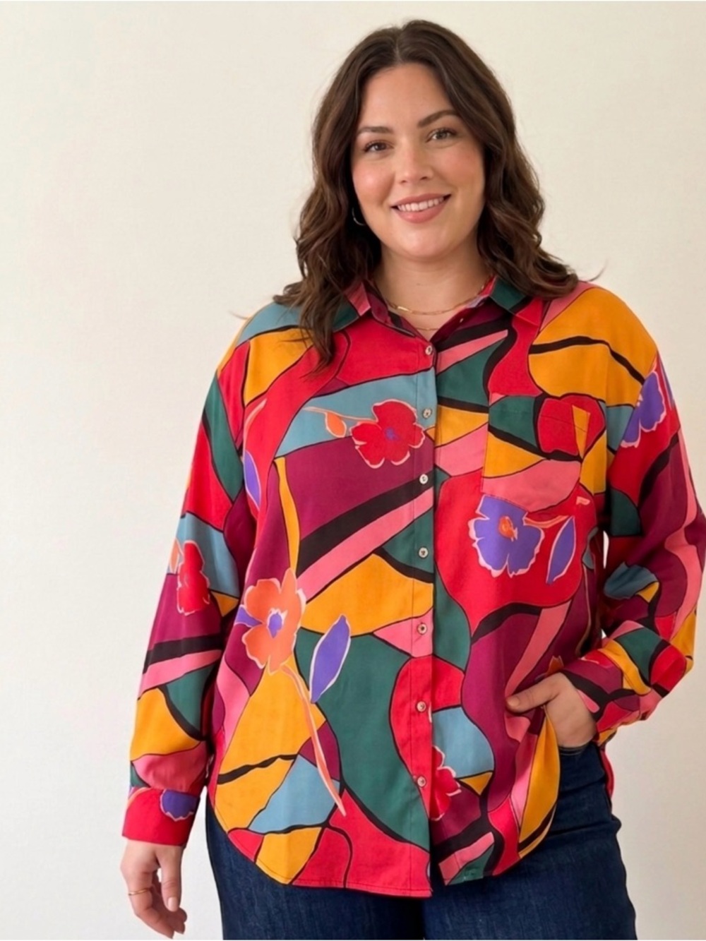 NWT- Easel Mirabelle In the Tropics Floral Abstract Satin Colorful Blouse - 2X